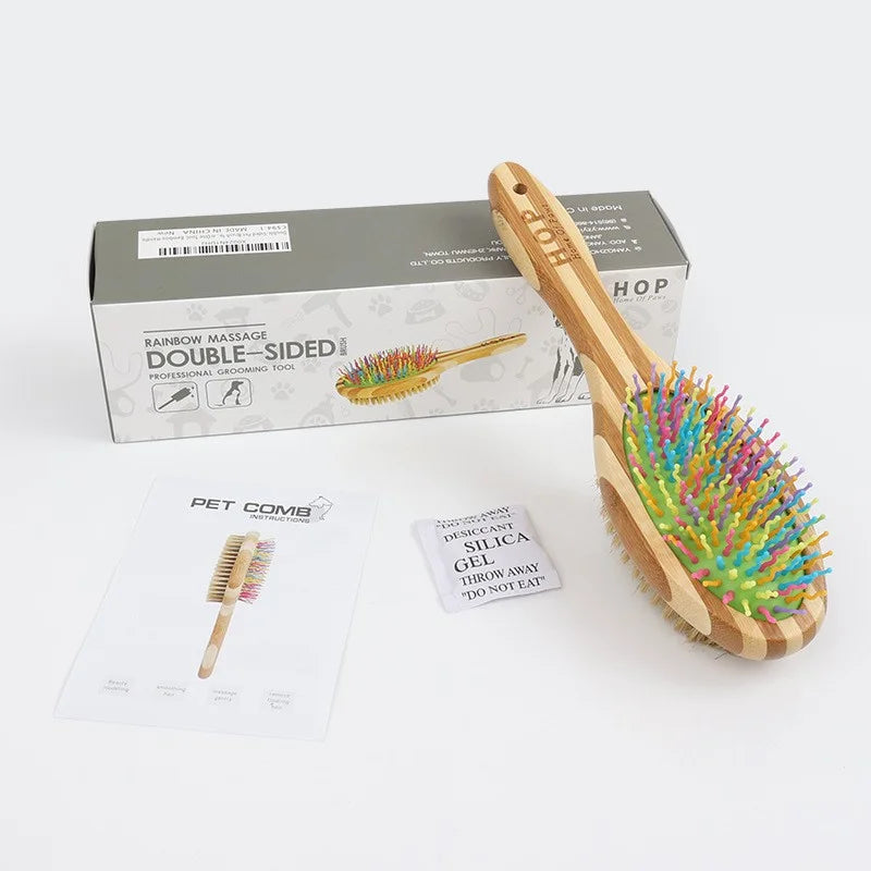 Bamboo Grooming Brushes for Dogs & Cats - Double-Sided Silicone & Bristle Comb for Hair Removal & Massage - Ergonomic Handle - Soft & Durable - Perfect Gift for Pet Owners